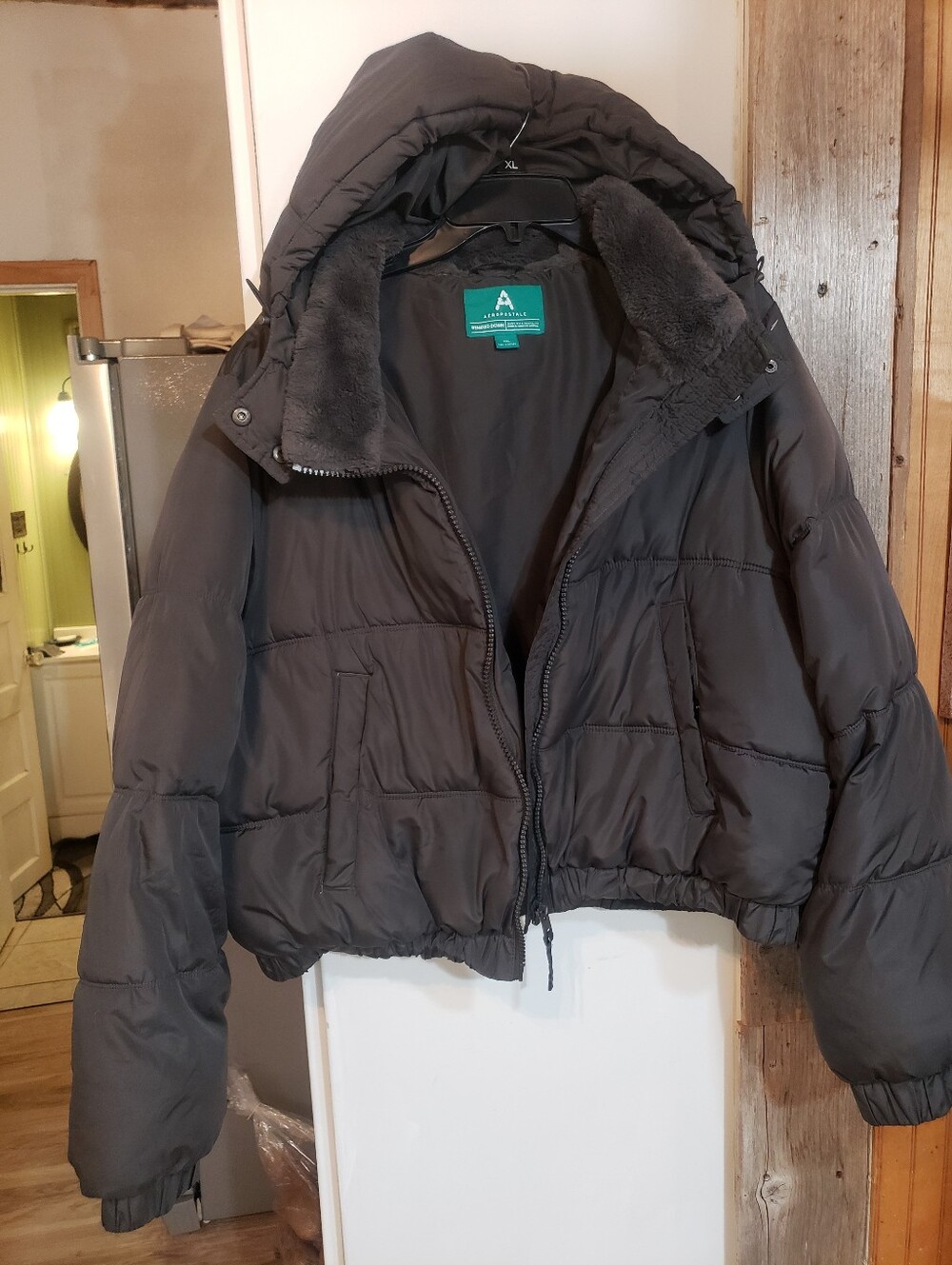 Aeropostale Puffer Bomber Jacket Hooded Faux Fur Full Zip Dark Charcoal Gray XXL